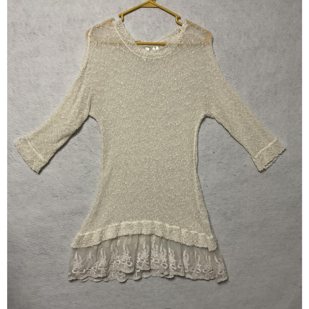 Ethyl Sweater Tunic Womens Large White Sheer Knit Lace Hem Ruffle Boho Top Sheer